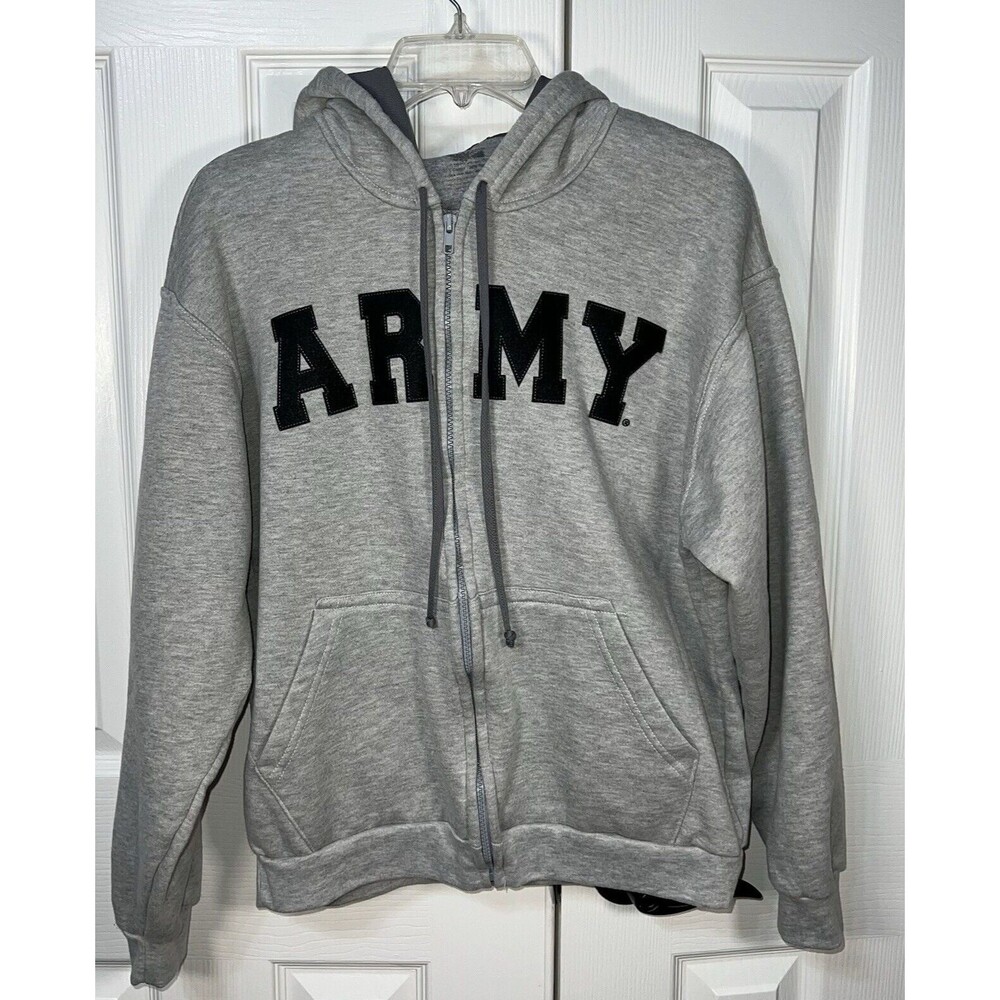 Army Embroidered Full-Zip Hooded Sweatshirt in Gray Lifesigns Unisex Large
